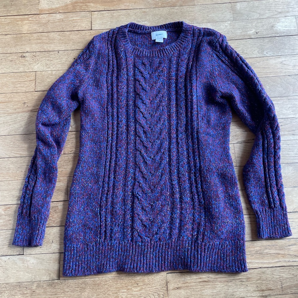 Old Navy Cable Knit Sweater - red, blue and silver pattern